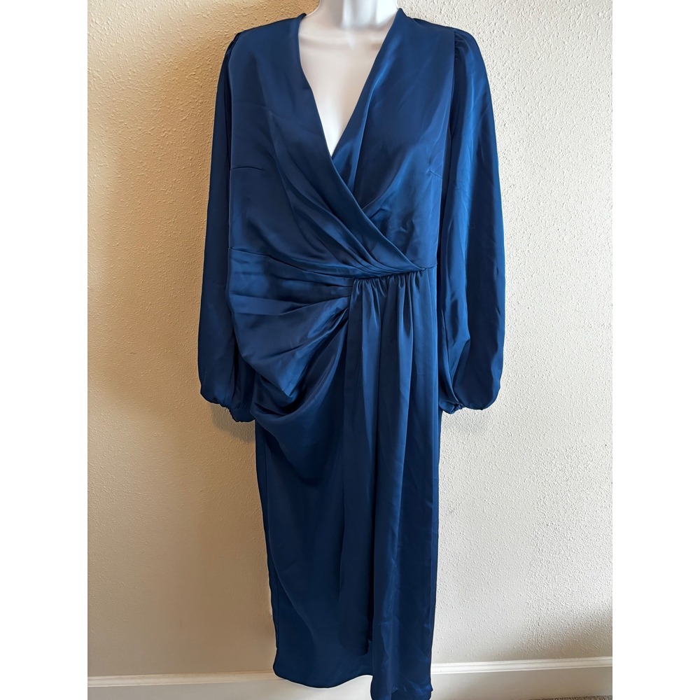 Eloquii Midi Dress Size 14 Blue Satin Faux Wrap Draped Balloon Sleeve Cocktail